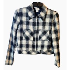 Petites Womens Plaid Jacket Blazer Wool Blend Black Cream Size 4P Short Preppy